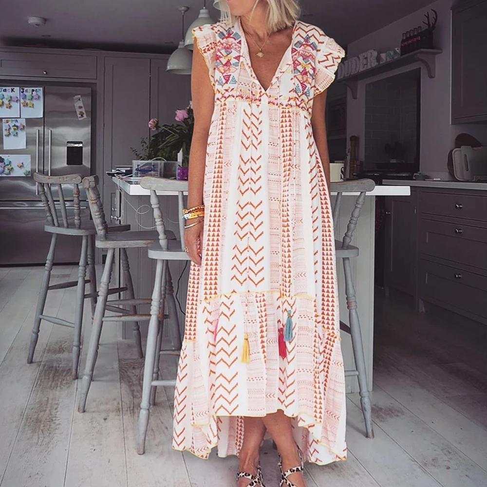 2025 spring and summer new  Popular trade women's clothing independent station short-sleeved V-neck printed pendulum loose dress long dress