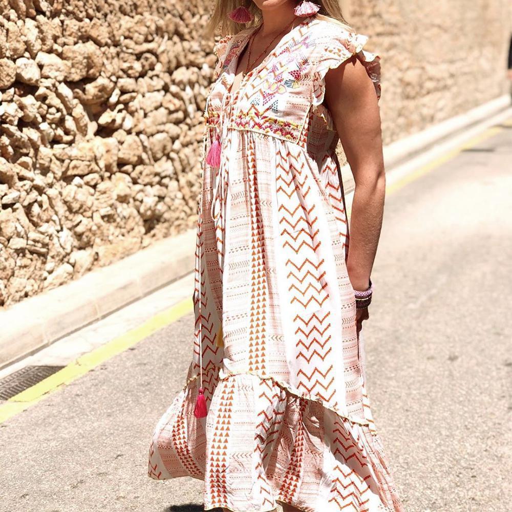 2025 spring and summer new  Popular trade women's clothing independent station short-sleeved V-neck printed pendulum loose dress long dress