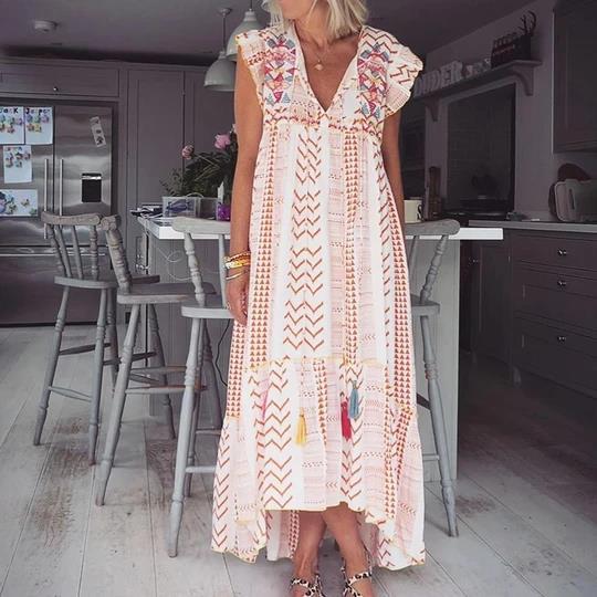 2025 spring and summer new  Popular trade women's clothing independent station short-sleeved V-neck printed pendulum loose dress long dress