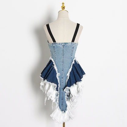 2025 spring new sexy V-neck contrasting color splicing denim zipper waist vest irregular suspender top women