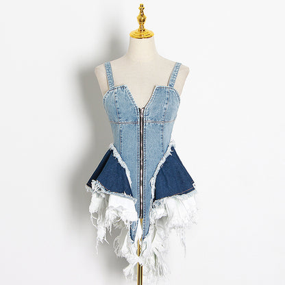 2025 spring new sexy V-neck contrasting color splicing denim zipper waist vest irregular suspender top women