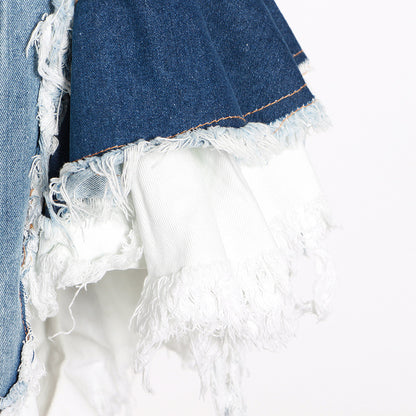 2025 spring new sexy V-neck contrasting color splicing denim zipper waist vest irregular suspender top women