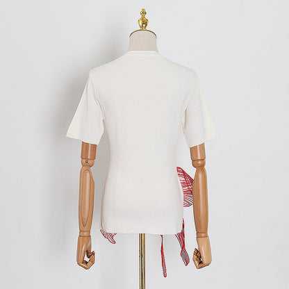 2025 women's clothing  new goldfish embroidery splicing round neck pullover knitted sweater fashion short-sleeved top women's trend