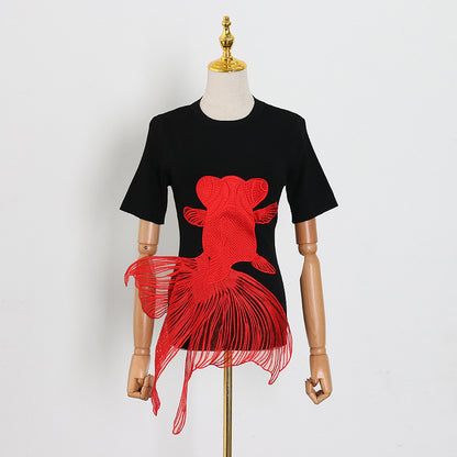 2025 women's clothing  new goldfish embroidery splicing round neck pullover knitted sweater fashion short-sleeved top women's trend