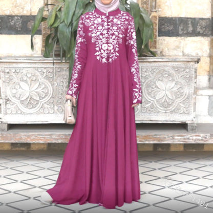 new New   dress ethnic style women's clothing long-sleeved printed stand-up collar big swing dress