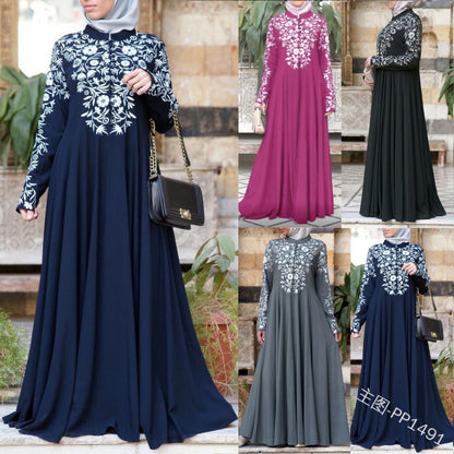 new New   dress ethnic style women's clothing long-sleeved printed stand-up collar big swing dress