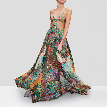 long dress looks thin and tall 2025 new femininity printed chest garden buckle printed dress