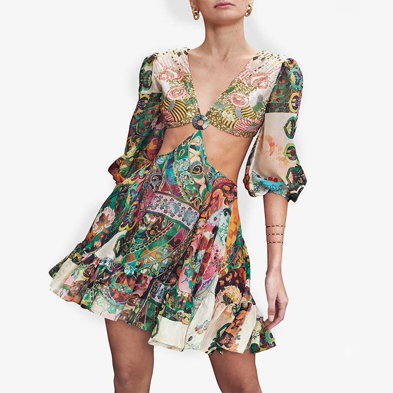 long dress looks thin and tall 2025 new femininity printed chest garden buckle printed dress