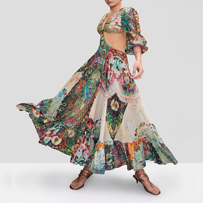 long dress looks thin and tall 2025 new femininity printed chest garden buckle printed dress