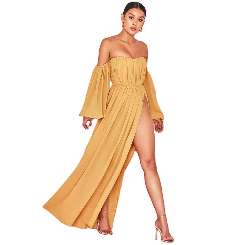 2025 2025 new fashion tube top one-word collar long sleeve pleated color elastic waist split fork women's clothing sexy dress women