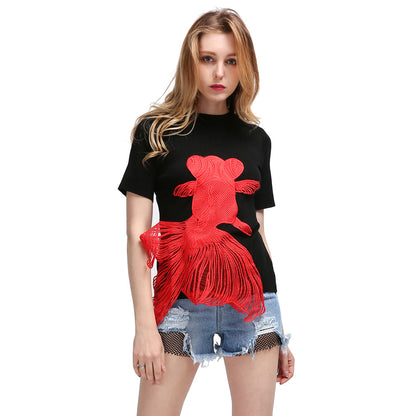 2025 women's clothing  new goldfish embroidery splicing round neck pullover knitted sweater fashion short-sleeved top women's trend