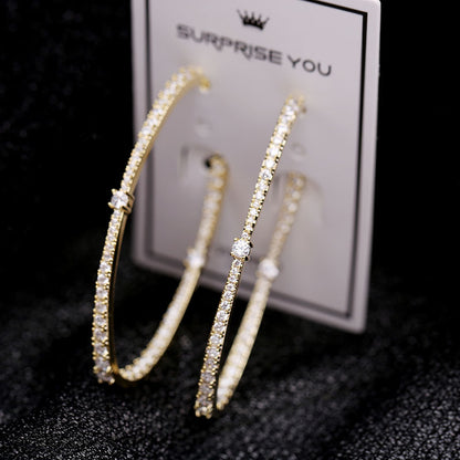 2025 Korean personality fashion tassel exaggerated micro-inlaid zircon 925 silver needle hoop earrings female geometric oval earrings