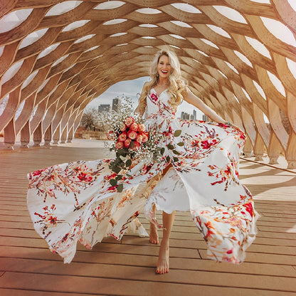 2025 New summer new 2025 women's clothing V-neck printed pendulum dress, sexy slim-fitting split-ended long dress