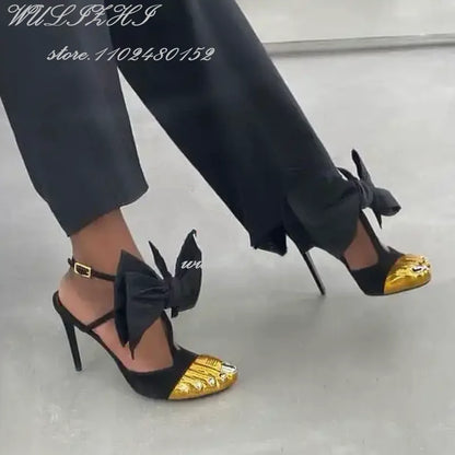 jinran Black Strappy Gold Round Toe Five-Finger Sandals Girl Stiletto Ankle Straps Summer Suede Hollow Heels Catwalk Street Style Shoes