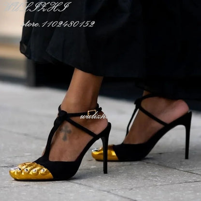 jinran Black Strappy Gold Round Toe Five-Finger Sandals Girl Stiletto Ankle Straps Summer Suede Hollow Heels Catwalk Street Style Shoes