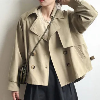 jinran 2024 Japanese Turn down Collar Full Regular Sleeve Khaki Trench Loose Straight Short Khaki Office Lady Fabric Belt Coat