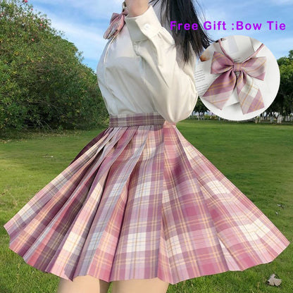 jinran Pleated Harajuku Preppy Style Summer Women Skirt Plaid Kawaii Y2K High Waist Dance Bow Skirt Mini Cute Japanese School Uniforms