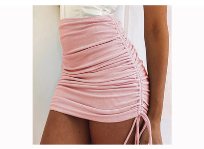 jinran 2022 Women Summer Sexy Knit Skinny Solid Drawstring Pleated Buttocks Skirt Casual Elegant High Waist  Party Club