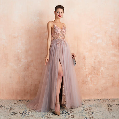 jinran Sexy Spaghetti Straps Evening Dresses New Arrival V-Neck Rhinestones Beading Formal Prom Gowns with Slit robe de soiree