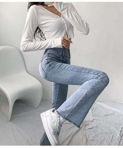 jinran Jeans Women Solid Blue Sexy Slimhigh Waist Jean Simple Ladies  Full Length Mom Cowboy Denim Flared Pants Mujer 2022 Spring New