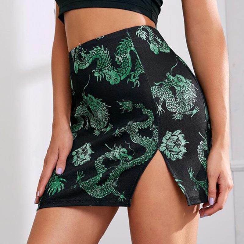 jinran Women Y2K Dragon Pattern Printing Split Vintage High Waist Skinny Summer Sexy Mini Skirt Streetwear Party Club Skim