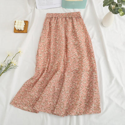 jinran Summer Long Skirts for Women Boho Elegant Floral Print Pleated A Line Skirt Korean Harajuku Chic Simple Midi Chiffon Skirts