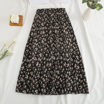 jinran Summer Long Skirts for Women Boho Elegant Floral Print Pleated A Line Skirt Korean Harajuku Chic Simple Midi Chiffon Skirts