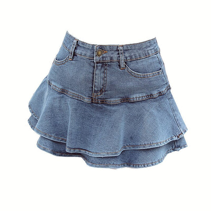 jinran 2022 Summer Low Waist A Line Denim Skirt Women Sexy Pleated Mini Jeans Skirts Korean Style Casual Ruffles Wild Skirt Shorts