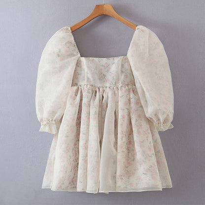 jinran Summer Women Both-Sides Wear Floral Print Chiffon Organza Dress Sexy Square Neck Puff Sleeve Holiday Party Dress Short Vestido