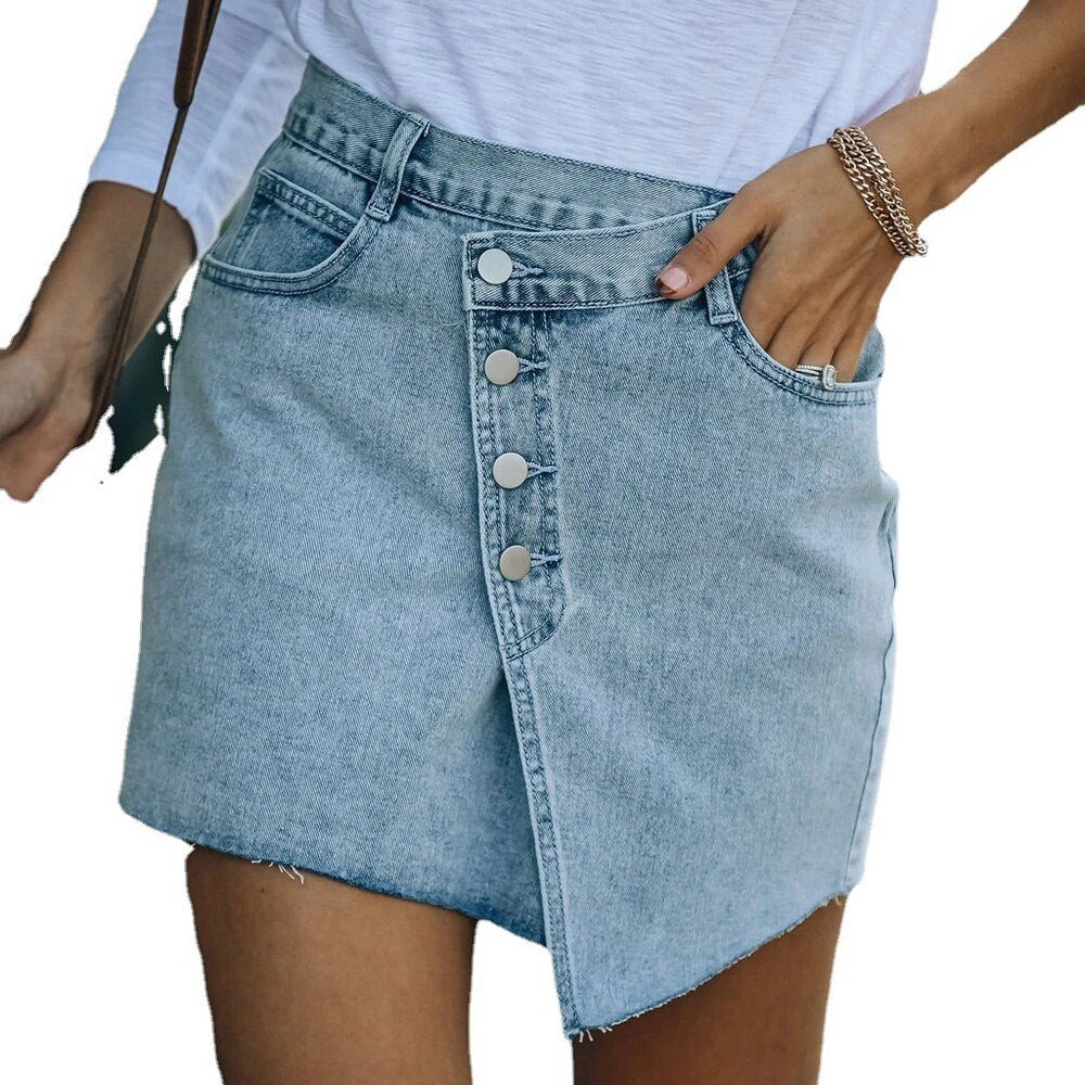 jinran Women High Waist Denim Skirts Vintage Harajuku Jean Shirts High Street Irregular Button Fly Bodycon Skirts Summer Clothes 2022