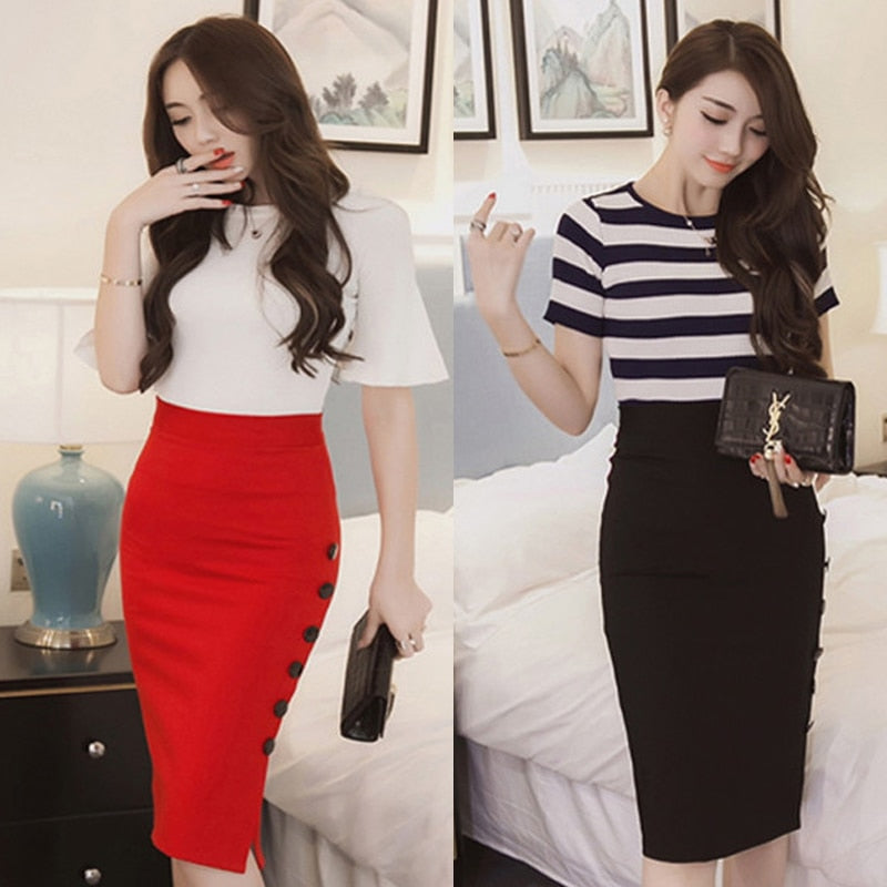 jinran New Women Elegant Slim Pencil Skirts High Waist Ladies Skirt Side Split Button Office Ladies Bodycon Fitted Skirts