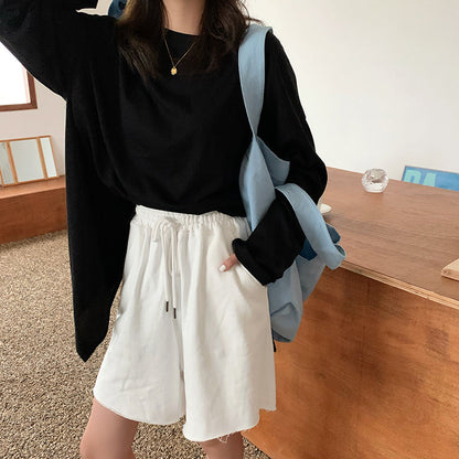 jinran Summer New Loose High Waist Slim Sports Shorts Women Korean Style Casual Wide-leg Short Female Drawstring Black Shorts OL