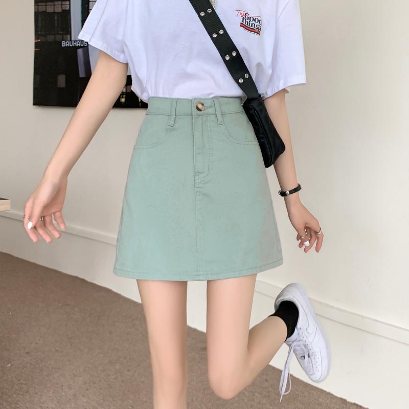 jinran Women Casual Denim Skirt Summer High Waist Korean Harajuku A Line Skirts Elegant Vintage Y2K Jeans Mini Skirt Preppy Style