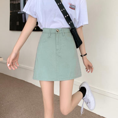 jinran Women Casual Denim Skirt Summer High Waist Korean Harajuku A Line Skirts Elegant Vintage Y2K Jeans Mini Skirt Preppy Style
