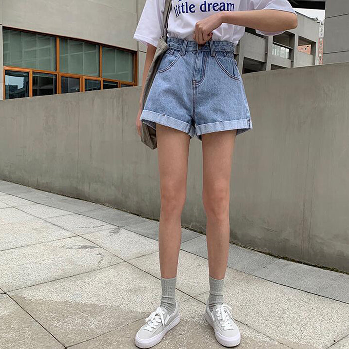 jinran New 2022 High Waist Denim Shorts Women Casual Loose Ladies Fashion Plus Size Elastic Waist Wide Leg Short Jeans Female