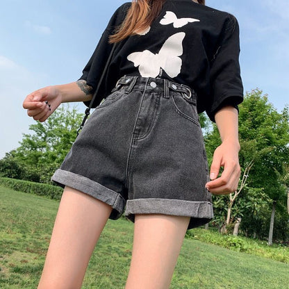 jinran Summer New Women Adjustable Waist Slim Short Jeans Lady High Street Wide Leg Short Pants Female High Waist A-Line Shorts