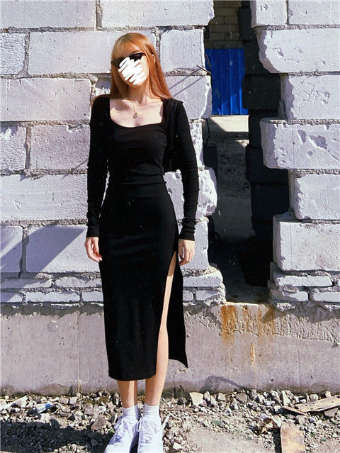 jinran Women Long Sleeve Dress Mid-calf Length Square Collar Black Sheath Retro Slim Sexy Vintage Side Slit Stretchy All-match Simple
