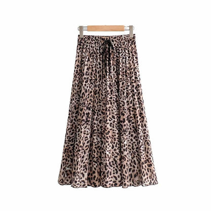jinran Vintage Leopard Print Pleated Skirts Women Punk Rock Korean Skirt Streetwear Drawstring Elastic Waist Ladies Midi Skirt New