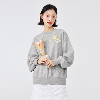 jinran Sweatshirt Women Oversize Flower Casual Spring New Personality Girly Pullover Drop-Shoulder Fashion