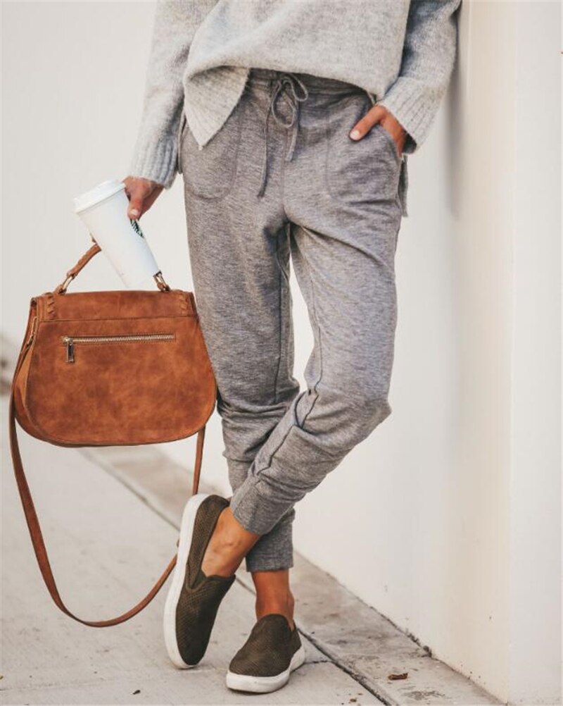 jinran Women Casual Harajuku Long Ankle Length Trousers Summer Autumn Plus Size Leggings Solid Elastic Waist Pants Black Pants