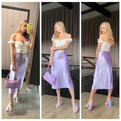 jinran  Solid Purple Satin Silk Skirt Women High Waisted Summer Long Skirt New Elegant Ladies Office Skirts Midi Spring