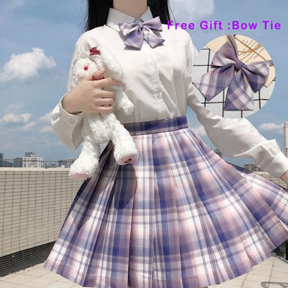 jinran Pleated Harajuku Preppy Style Summer Women Skirt Plaid Kawaii Y2K High Waist Dance Bow Skirt Mini Cute Japanese School Uniforms