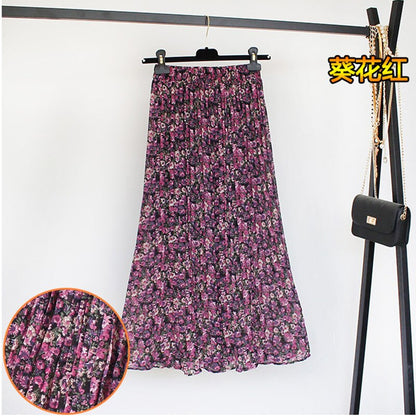 jinran Women Summer Boho Chiffon Long Skirt Elegant Floral Print Pleated Skirts Elastic High Waist Casual Midi Skirt Women Clothes 2021