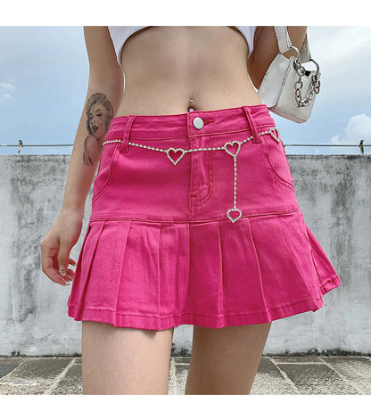 jinran Women High Waist Denim Skirt Women Summer Korean Harajuku Ruffles Jeans Skirt Shorts Punk Y2K Mini Pleated Skirt Streetwear