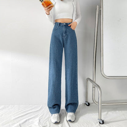 jinran Jacquard Blue Women Pants 2022 New Casual Striped Retro Basic Straight Loose Plus Size Jeans Y2K Fashion Trendy Ladies Trousers