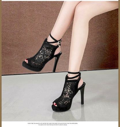 jinran Sexy Lace Mesh Platform Women Short Boots Summer Peep Toe Ankle Buckle High Heels Shoes Hollow Party Sandals Female Pumps Office