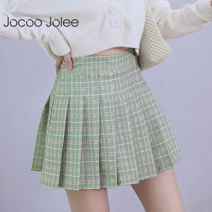 jinran Summer Women Plaid Skirt High Waist Chic Female Pleated Skirts Fashion Harajuku Ladies Mini Skirts Casual Cute Woman Short Skirt