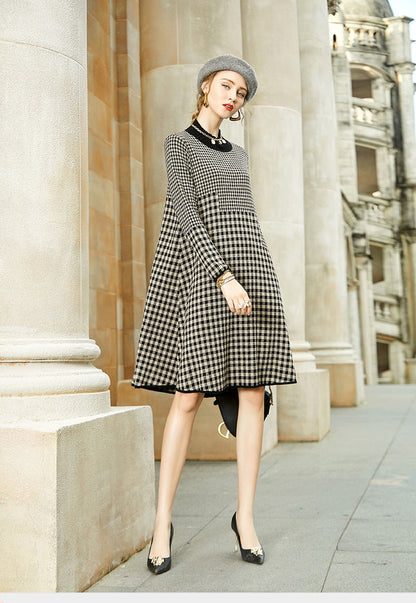 jinran Women Black Bird Lattice Midi Dress Autumn Winter Thick Warm Korean Vintage Casual Sweaters Elegant Bodycon Coat Sweaters