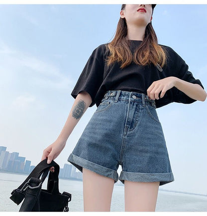 jinran Summer New Women Adjustable Waist Slim Short Jeans Lady High Street Wide Leg Short Pants Female High Waist A-Line Shorts