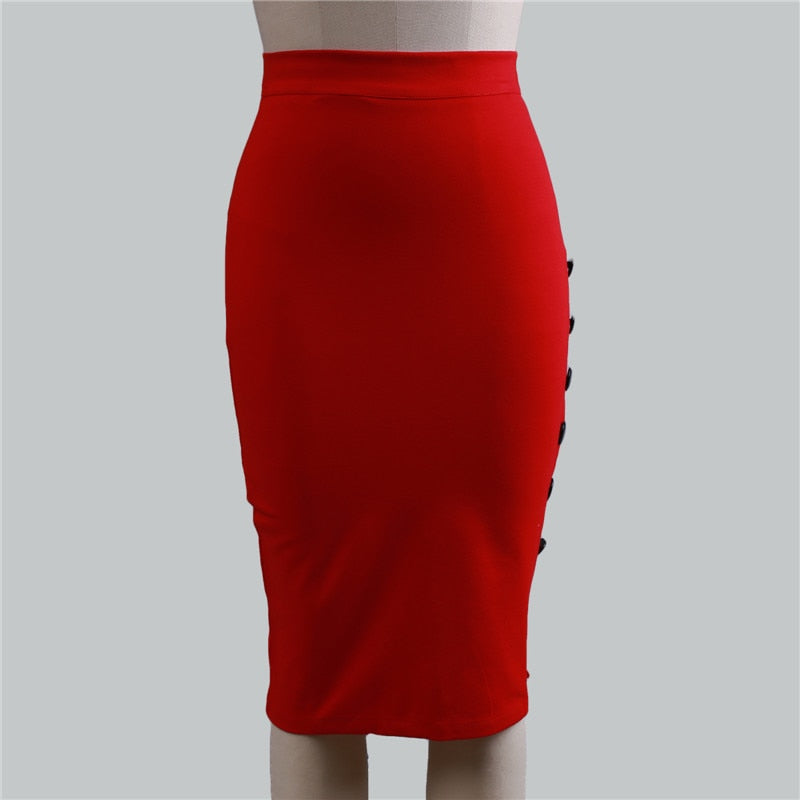 jinran New Women Elegant Slim Pencil Skirts High Waist Ladies Skirt Side Split Button Office Ladies Bodycon Fitted Skirts